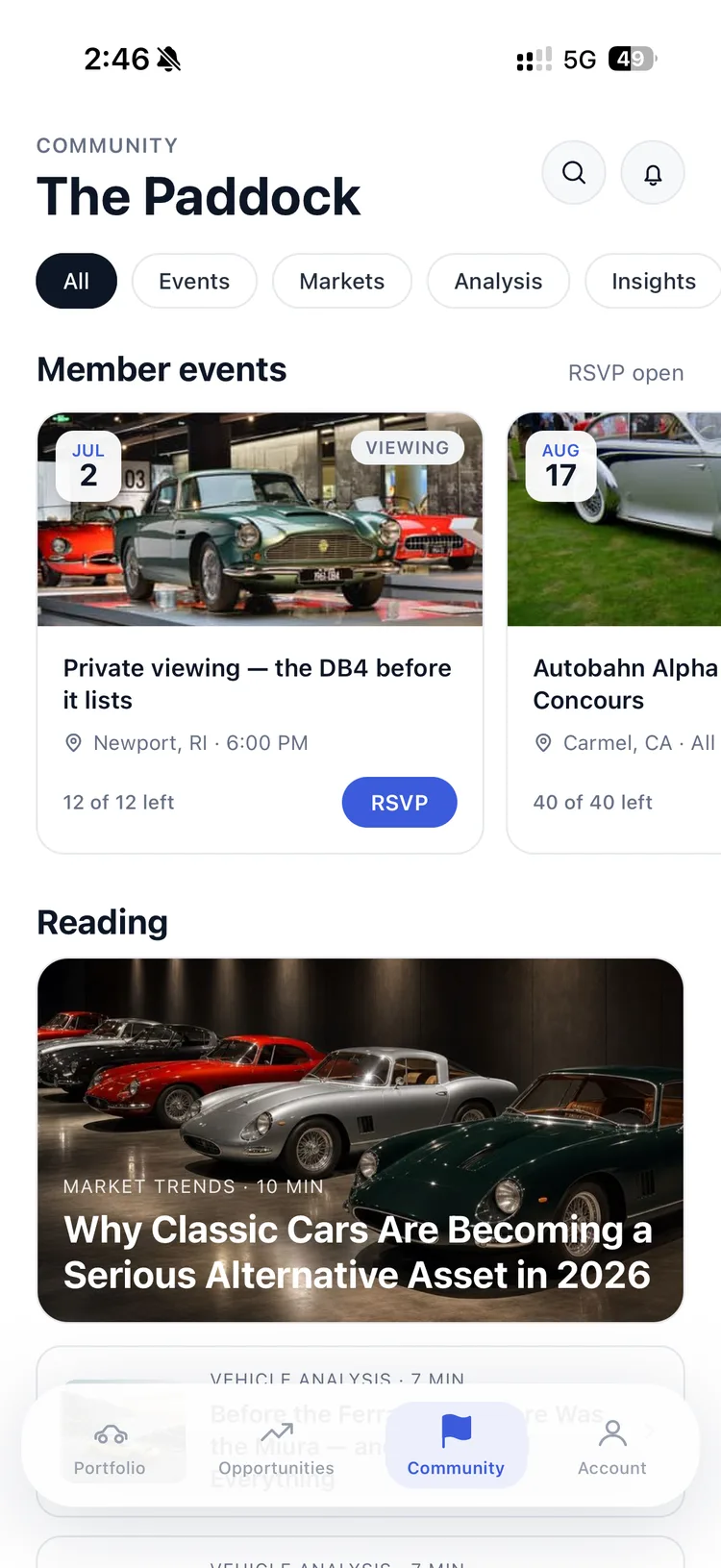 The Paddock in the app — member events with RSVP, and the reading list